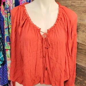 Free People Orange Ruched Tie Front Blouse